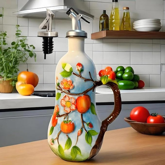 18 Oz Hand Painted Relief Ceramic Olive Oil Bottle Dispenser for Kitchen, Oil and Vinegar Bottle, Seasoning Bottle with Stainless Steel Nozzle, 540mL Oil Container with Handle for Cooking, Light Proof-HomvellaHome