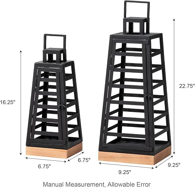Glitzhome Set of 2 Modern Trapezoid Metal/Wood Decorative Lanterns,Large Candle Lanterns for Living Room,Home,Indoor, Outdoor,Table,Fireplace Mantle Decor -Black(No Glass)-HomvellaHome