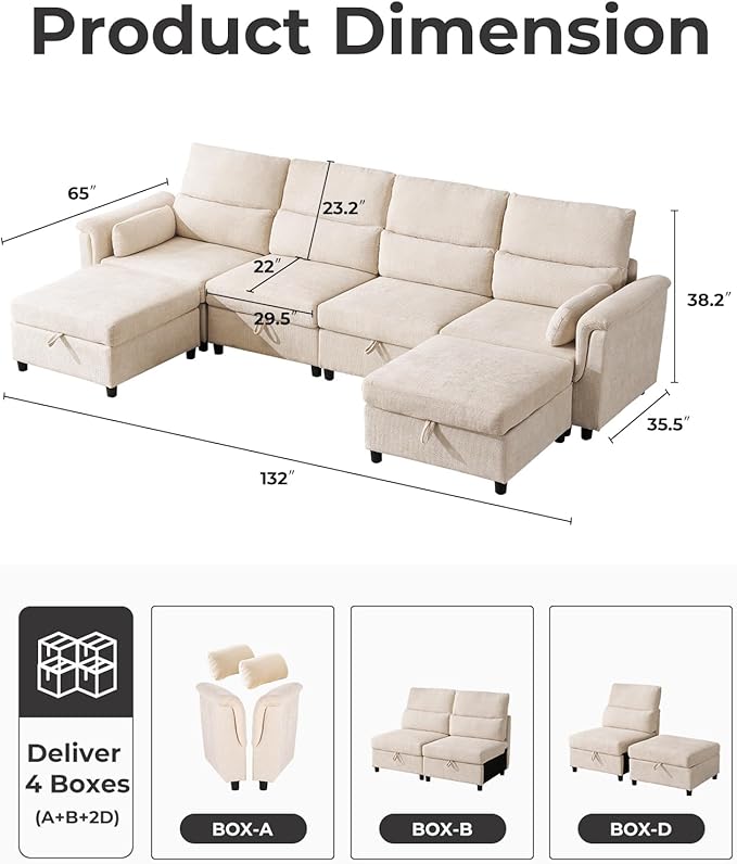 132'' Oversized Modular Sectional Sofa, U Shaped Comfy Sectional Couch with Large Storage, 6 Seat Chenille Deep Seat Cloud Sofa with 2 Throw Pillows for Living Room,Beige-HomvellaHome