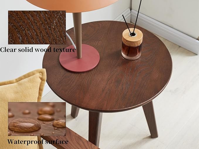 100% Solid Oak Round Side Table Set of 2, Small Bedside Table for Small Spaces, Living Room End Table with Stable Frame, Modern Nightstand for Bedroom Couch(Walnut, 17.71" D x 19.68" H)-HomvellaHome