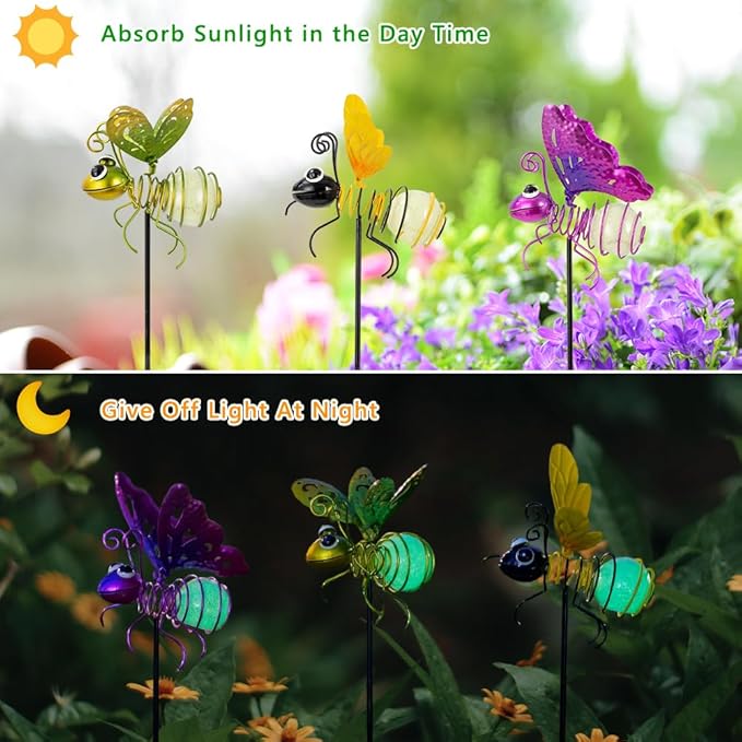 Garden Decor for Outside,3 Pcs Luminous Insect Garden Decorative Stakes,Glow in The Dark Bee Lights Metal Yard Art,Waterproof Outdoor Spring Lawn Patio Pathway Decoration for Mom,Women,Grandma-HomvellaHome