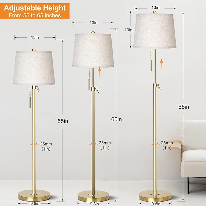 Gold Floor Lamp for Living Room 55-65" Adjustable Modern Brass Standing Lamp with Pull Chain Tall Pole Light with Beige Shade for Bedroom Reading Office Corner Nursery 9W LED Bulb Included 3 ColorTemp-HomvellaHome