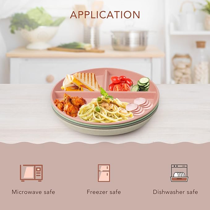 greenandlife 10 Inch 4PCS Unbreakable Portion Control Plates, Divided Plates for Kids Adults, Dishwasher & Microwave Safe Compartment Plate, Lightweight Reusable Wheat Straw Plate, BPA Free-HomvellaHome