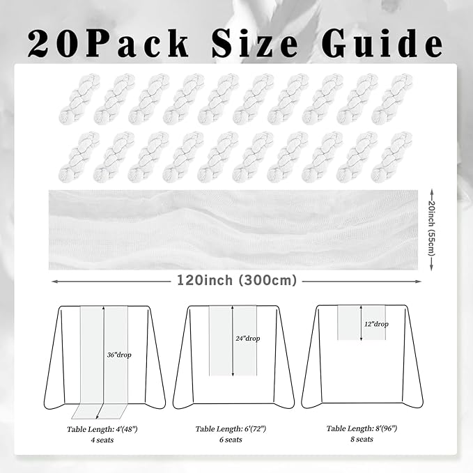 10FT 20 Pack White Cheesecloth Table Runner 20 x 120 Inch Long Rustic Gauze Cheese Cloth Table Runner for Wedding Bridal Baby Shower Table Decorations Boho Fabric Sheer Birthday Party Table Decor-HomvellaHome
