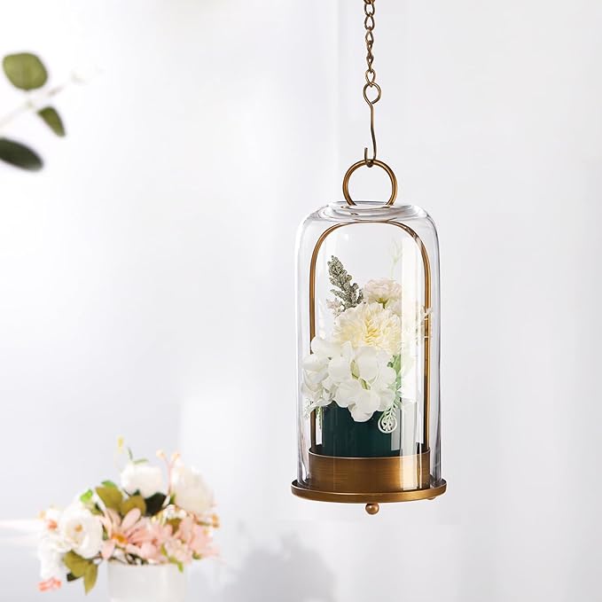 12" High Versatile Modern Metal Hurricane Lantern with Handmade Sturdy Glass Dome for 3" Pillar Candle & Plants (Brass, 5"x12")-HomvellaHome
