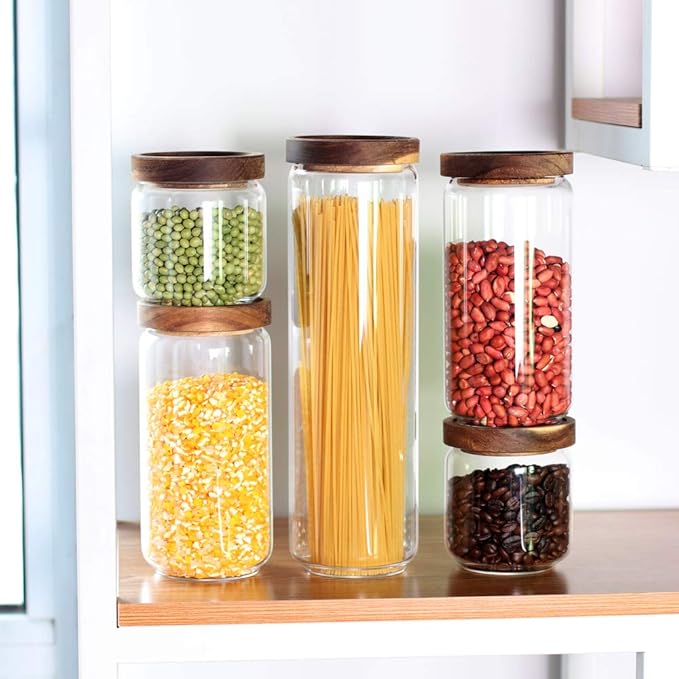 Glass Canisters Set of 5 for the kitchen, Glass Storage Container jars with Airtight Acacia Lid for Coffee Beans, Flour, Sugar, Rice and Spaghetti and etc-HomvellaHome