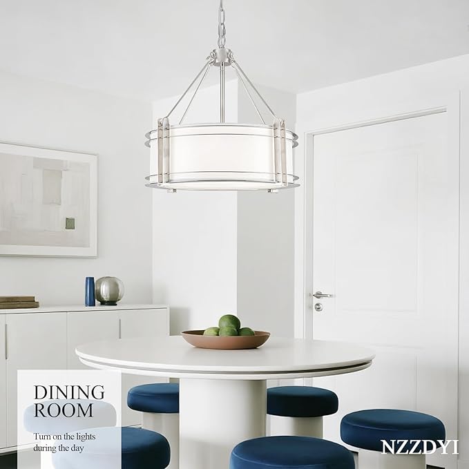 16.3''Drum Chandelier 3-Light Brushed Nickel Modern White Fabric Chandeliers Adjustable Drum Pendant Light for Dining Room Kitchen Island Hallway Living Bedroom-HomvellaHome