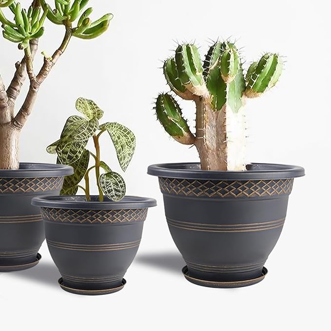 10 Inch 4 Pack Large Plant Pots, Plastic Flower Pot for Indoor & Outdoor with Drainage Holes & Saucer, Plaid Pattern Planters Garden Pots for Herbs-HomvellaHome