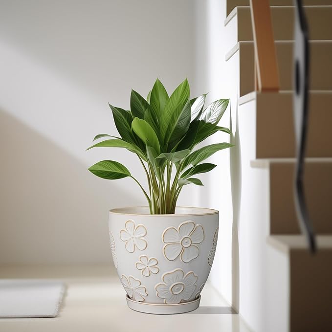 10 Inch Ceramic Planter Pot Large Plant Pot for Indoor Plants Outdoor Round Flower Pot with Drainage Hole and Saucer for Home Garden Decor White-HomvellaHome