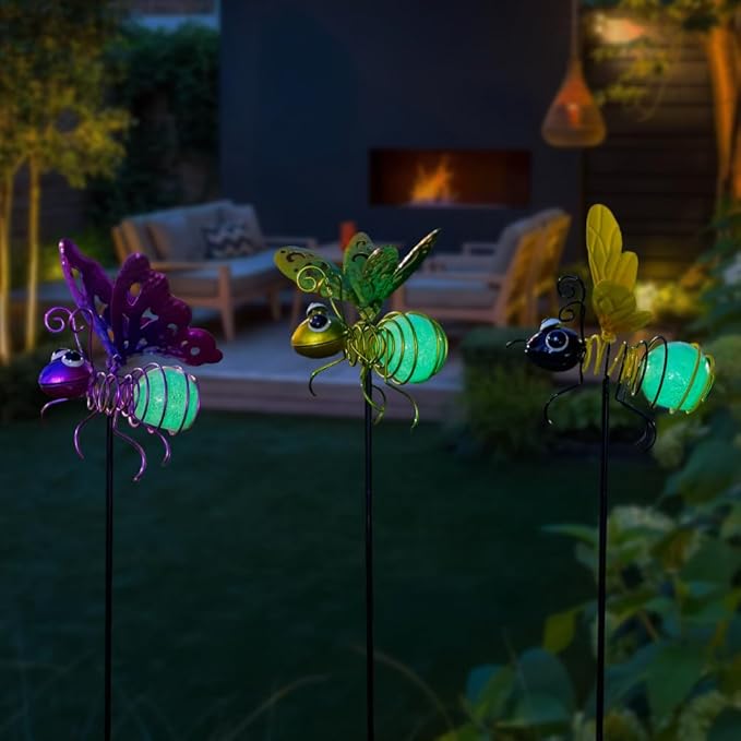 Garden Decor for Outside,3 Pcs Luminous Insect Garden Decorative Stakes,Glow in The Dark Bee Lights Metal Yard Art,Waterproof Outdoor Spring Lawn Patio Pathway Decoration for Mom,Women,Grandma-HomvellaHome
