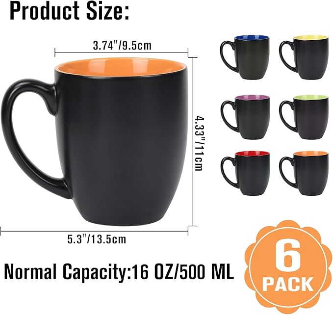 16 OZ Stoneware Coffee Mug Set of 6, Black Ceramic Mug with Different Color Inside, Colorful Porcelain Mug with Handle for Latte Espresso Cappuccino-HomvellaHome