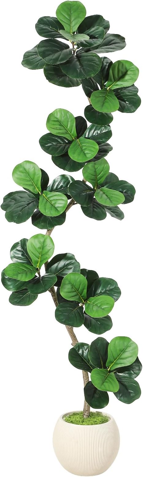 GarveeHome Fiddle Leaf Fig Artificial Tree with White Planter,7ft Faux Plants Indoor with Moss, Fake Rubber Tall Fake Floor Plant in Pot - Artificial Trees for Home Office Living Room Decor-HomvellaHome