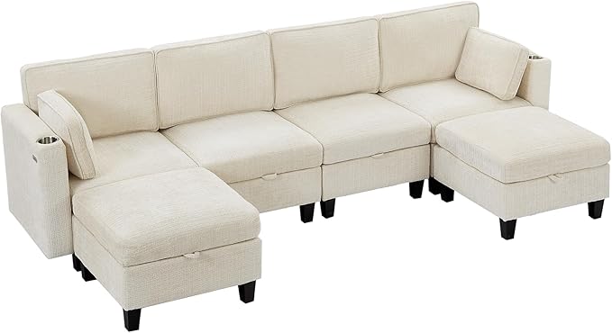 110" Modular Sectional Sofa, Convertible Sleeper Sofa Couch Bed with Adjustable Backrest, U-Shaped Chenille Cloud Couch with Ottoman Storage, Deep Seat Couches for Living Room,Beige-HomvellaHome