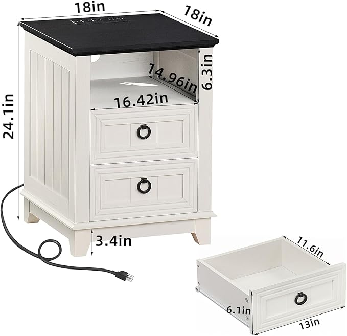 18" Farmhouse Night Stands Set of 2 with Charging Station, 2 & 3 Drawers End Table Dresser for Bedroom, White Wooden Nightstand, Bed Side Table with Open Shelf, Bedside Cabinet for Living Room-HomvellaHome