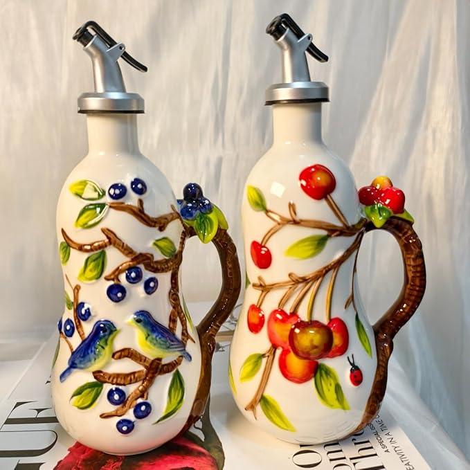 18 Oz Hand Painted Relief Ceramic Olive Oil Bottle Dispenser for Kitchen, Oil and Vinegar Bottle, Seasoning Bottle with Stainless Steel Nozzle, 540mL Oil Container with Handle for Cooking, Light Proof-HomvellaHome