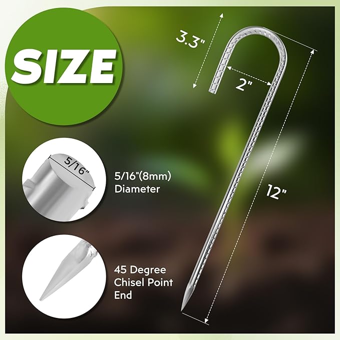 12 inches Tent Stakes Heavy Duty 34-Pack, 5/16" Diameter J Hook Fence Stakes Rebar Ground Stake for Inflatables, Tarp, Yard Lawn Outdoor Decoration-HomvellaHome