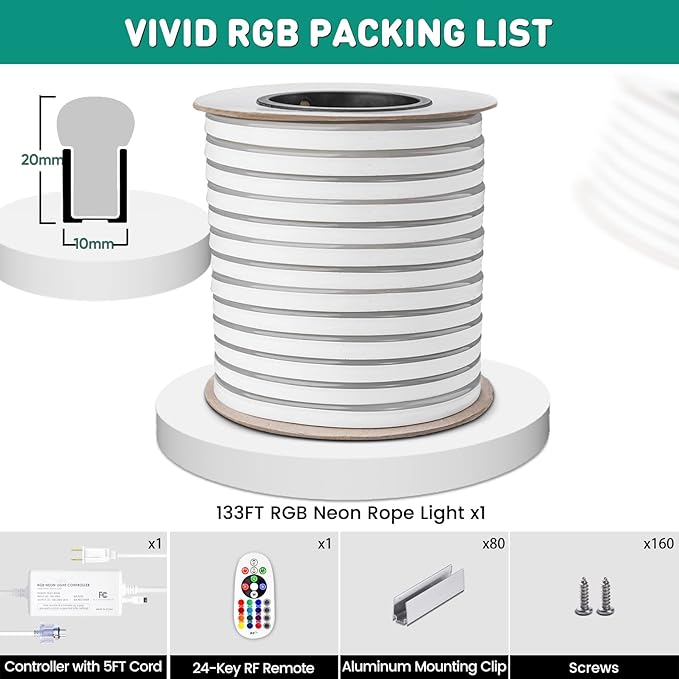 GZBtech RGB LED Neon Rope Lights 133FT/40M, AC 110-120V Waterproof Color Changing LED Rope with Remote Controller, Dimmable Multi Color Neon Rope Lighting for Indoor Outdoor Commercial Use-HomvellaHome