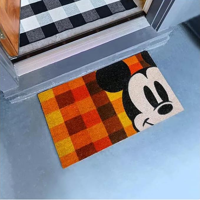 Gertmenian Disney Mouse Doormat Rug Front Door Coir Mat Welcome Home Indoor Outdoor Entryway Carpet, 2-Pack 20x34, Retro Mickey Hello Fall/Plaid-HomvellaHome