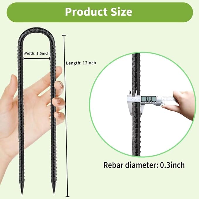 Ground-Stakes-Heavy-Duty-12 inch, U-Hook Rebar Stakes Black Coated Anti-Rust 6pcs Garden Stakes Metal Ground Anchors for Garden Dog Fence Chicken Coop Christmas Decorations Deer Fence-HomvellaHome