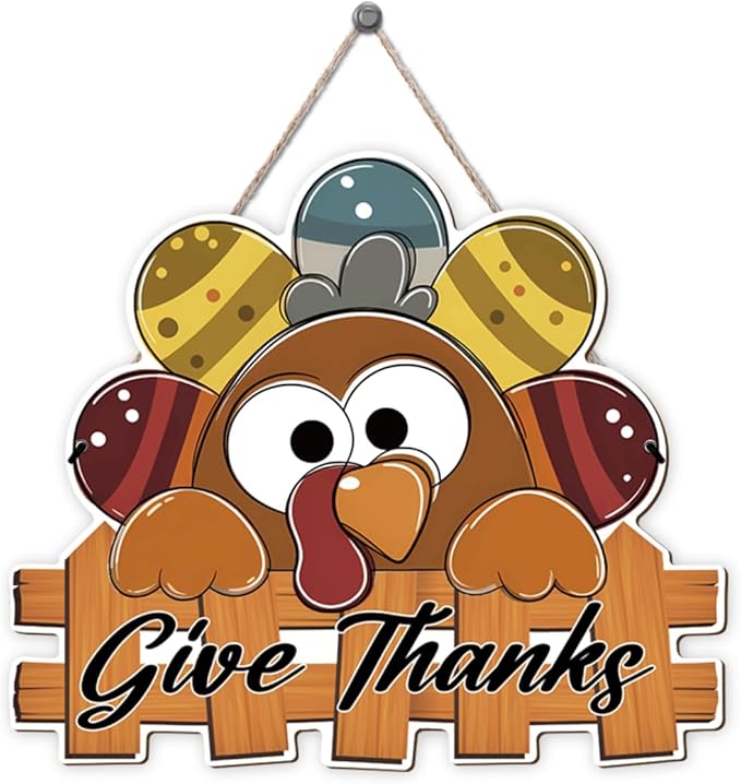 Give Thanks Sign Turkey Front Door Decor Thanksgiving Day Wood Door Hanger, Fall Wooden Thankful Wreath Hanging Decoration for Outdoor Outside Porch, Housewarming Gift-HomvellaHome