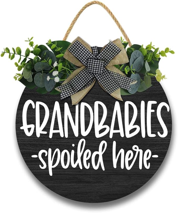 Grandbabies Spoiled Here Hanging Wall Sign for Front Door Home Kitchen Decor Rustic Wooden Round Sign Wall Decoration for Kitchen Dining Room Living Room Bedroom Outdoor-HomvellaHome