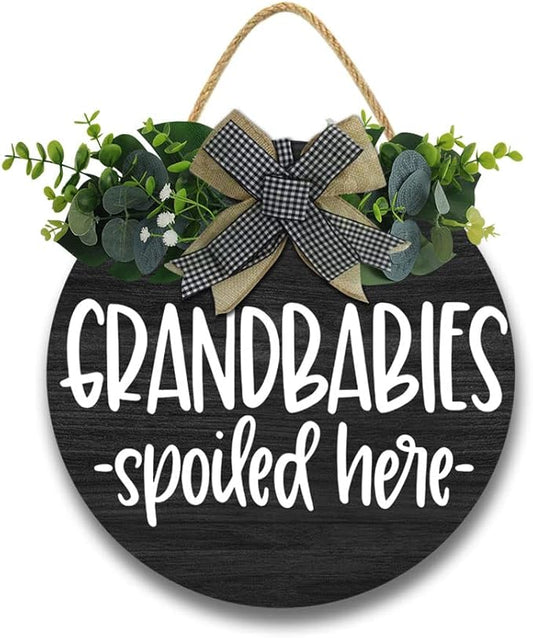 Grandbabies Spoiled Here Hanging Wall Sign for Front Door Home Kitchen Decor Rustic Wooden Round Sign Wall Decoration for Kitchen Dining Room Living Room Bedroom Outdoor-HomvellaHome