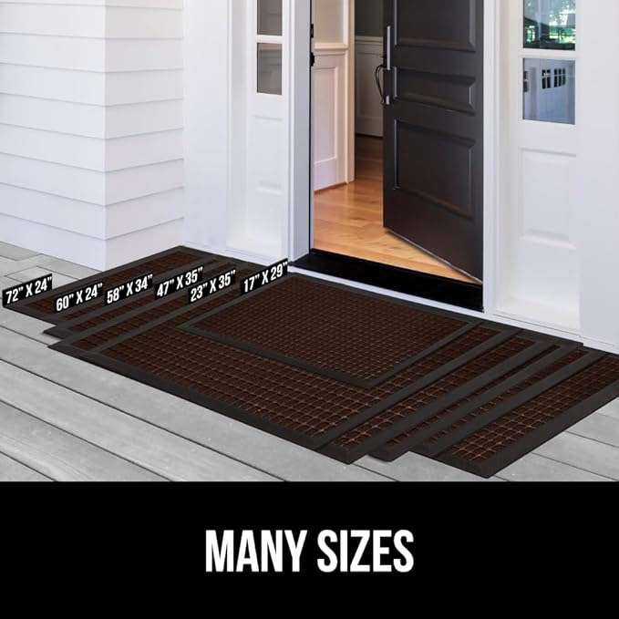 GORILLA GRIP 100% Waterproof All-Season WeatherMax Doormat, 34x58, US Designed Natural Rubber, Stain and Fade Resistant, Low Profile Indoor Outdoor Door Mats, Easy Clean Patio Mat, Coffee Squares-HomvellaHome