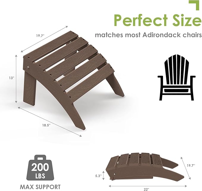 GREENVINES Adirondack-Ottoman | Wood Grain | Set of 4 | HDPE Plastic | Outdoor Footrest | All Weather | Foot Rest | Foot Stool | Dark Brown | for Adirondack Chair-HomvellaHome