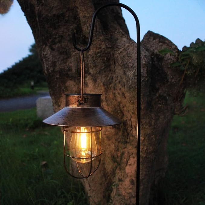 2 Pack Solar Lanterns, Outdoor Hanging Lights Metal with Shepherd Hook Warm White Edison Bulb Design for Garden and Birthday Gifts for Mom Grandma Wife ( Copper)-HomvellaHome