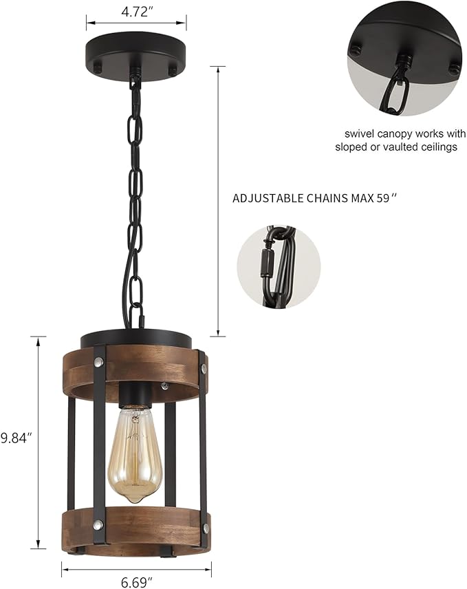 2 Pack Rustic Farmhouse Wood Pendant Light Fixture One-Light Adjustable Chain Oak Wood and Metal Drum Cage Small Pendant Lighting for Kitchen Island Sink Hallway Farmhouse Bathroom Bar, Black-HomvellaHome