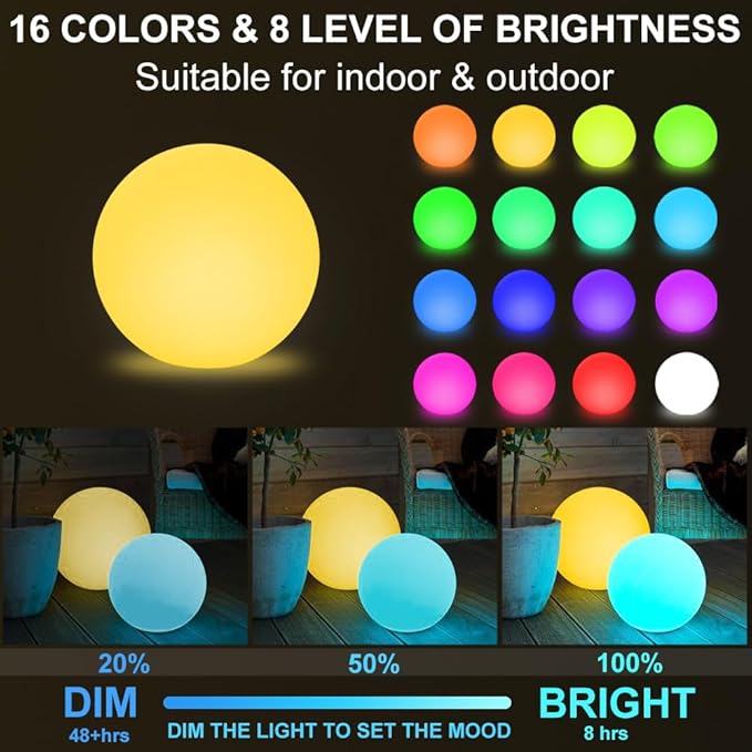 Globe Floor Lamp, 14-in Rechargeable LED Ball Light Globe Light w/Remote, Versatile Glowing Orb Mood Lamps Waterproof Outdoor Orb Lamp, Dimmable RGB Color Changing Light Up Ball for Home Garden Yard-HomvellaHome