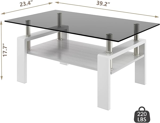 Glass Coffee Table Rectangle Living Room Center Table, with Gray Tempered Glass Tabletop and White MDF Layer,for Living Room and Office, Gray+White-HomvellaHome
