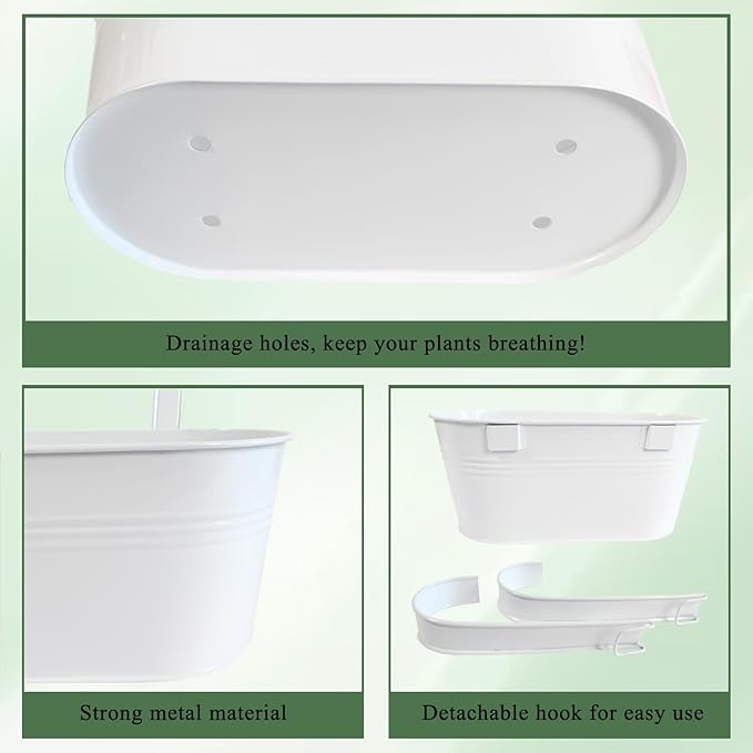 10" Hanging Flower Pots, Pack of 2 White Metal Outdoor Patio Balcony Planter, Railing Planters Fence Pot with Detachable Hook & Drainage Hole for Small Plants (White, 2Pcs)-HomvellaHome