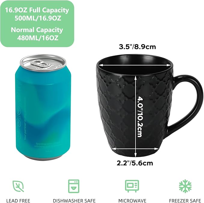 16 OZ Bone Coffee Mugs Set of 6 Matte Black, Large Ceramic Coffee Mugs Set with Different Texture Patterns, Porcelain Cups with Handle for Espresso Latte Tea Milk-HomvellaHome