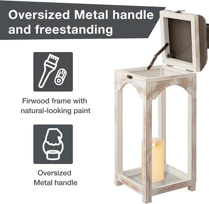 Glitzhome Set of 2 Mondern Farmhouse Wood Metal Lanterns Decorative Candle Lanterns, White (No Glass)-HomvellaHome