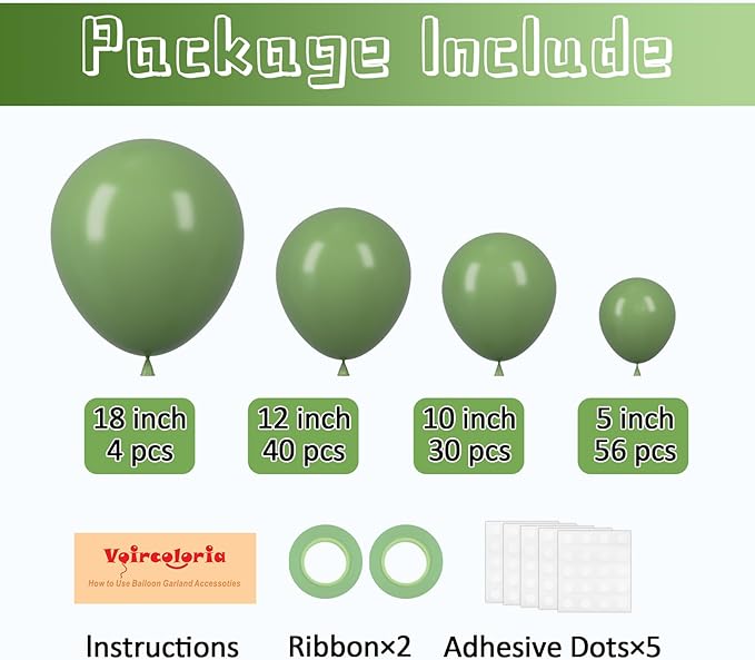 130pcs Sage Green Balloons Different Sizes 18" 12" 10" 5" Olive Green Balloons for Birthday Graduation Baby Shower Wedding Anniversary New Year Party Decorations-HomvellaHome