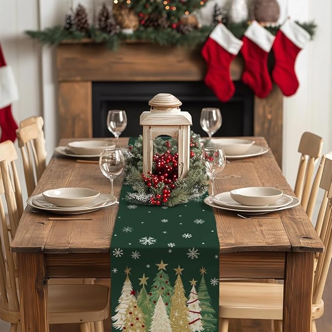 GEEORY Christmas Table Runner 13x90 Inch, Xmas Trees Snowflakes Holiday Decorative Farmhouse Table Decoration for Kitchen Dinning, Indoor Outdoor Dinner Party Decor (Green) GT152-90-HomvellaHome