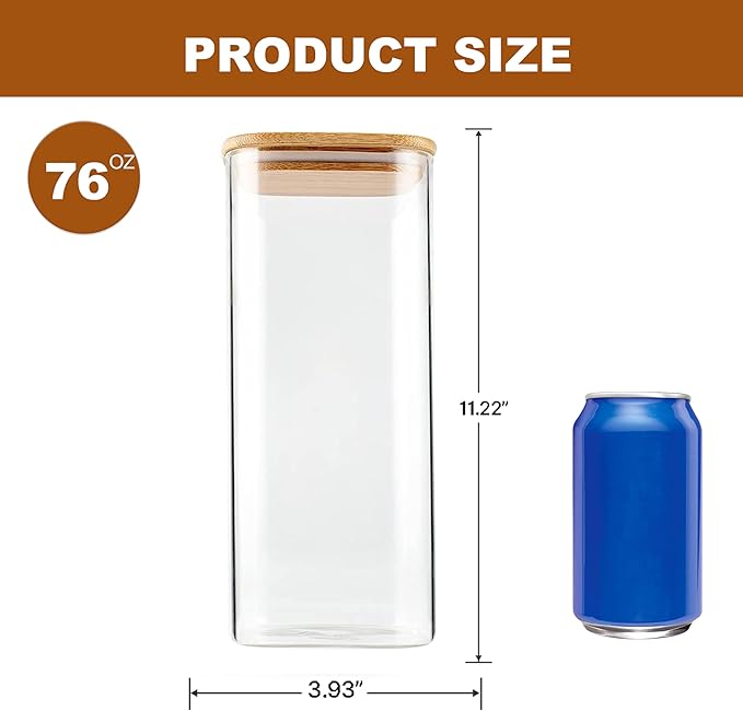 Glass Food Storage Jars 76 oz Set of 3,Glass Storage Containers Clear Glass Food Canister with Bamboo Lid Airtight For Serving Tea, Coffee, Flour, Sugar, Candy, Cookie, Spice and More (Square)-HomvellaHome