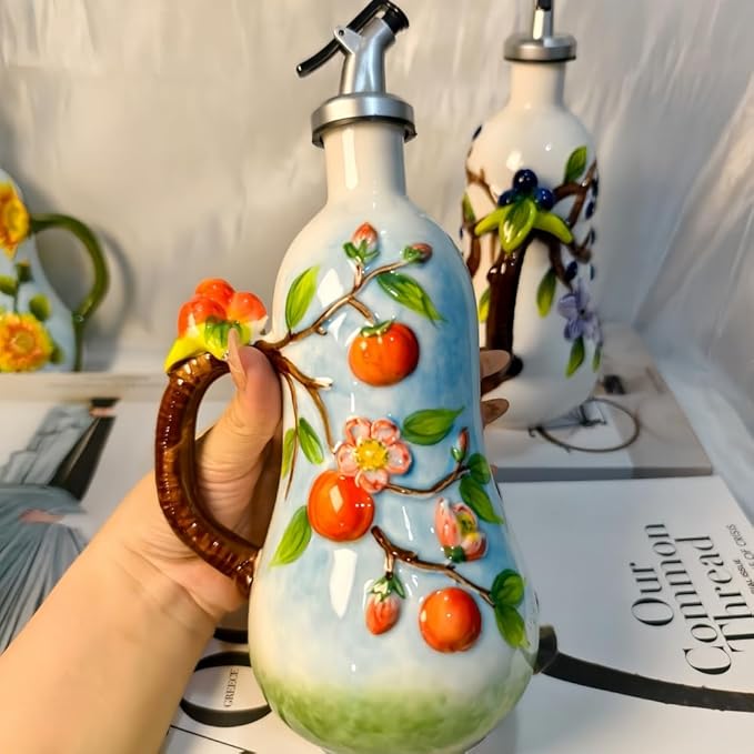 18.26oz/540ml Ceramics Olive Oil Dispenser Bottle,Hand Painted Reliefs Oil Dispenser for Kitchen,Oil Bottles for Kitchen (Persimmon)-HomvellaHome