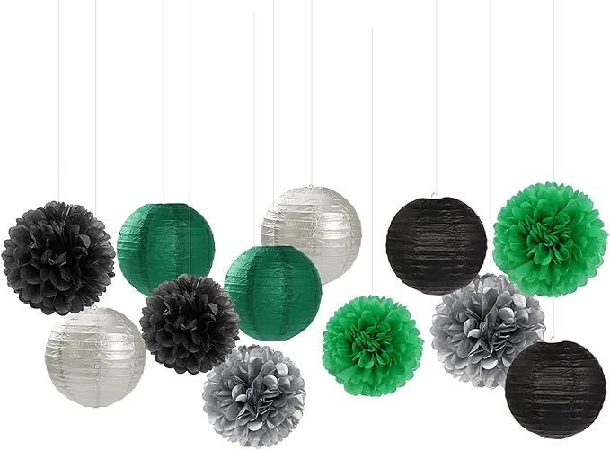 Green-Black Silver Party-Decorations Paper Flowers Lanterns - 15PCS Football Game Day Birthday Tissue Pom Poms Streamers, Bachelorette New Years Hanging Supplies Decor Hugfond-HomvellaHome