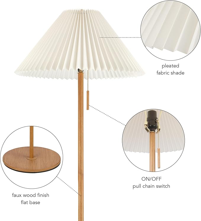 GLOBE Electric 61000053 62" Floor Lamp, Wood-Toned Finish, Pleated Fabric Shade, Pull Chain Switch, Reading Light, E26 Base, Modern Classic Lighting for Living Rooms and Bedrooms-HomvellaHome