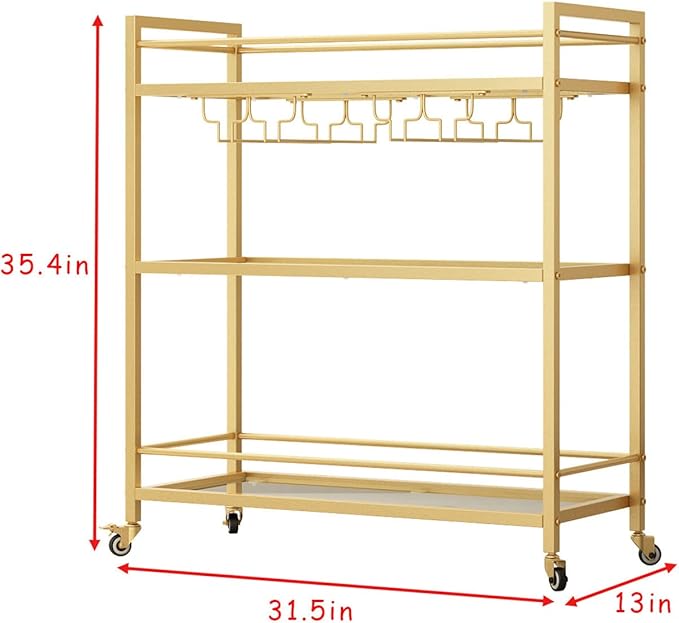 Glass Gold Bar Carts for Home with Hanging Wine Rack - Home Bar Serving Cart with 3 Mirrored Shelves, Kitchen Bar Carts, Wine Cart for Entertaining, Club Party.-HomvellaHome