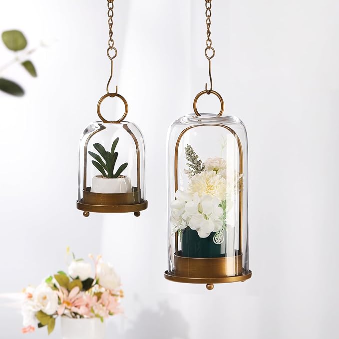 12" High Versatile Modern Metal Hurricane Lantern with Handmade Sturdy Glass Dome for 3" Pillar Candle & Plants (Brass, 5"x12")-HomvellaHome