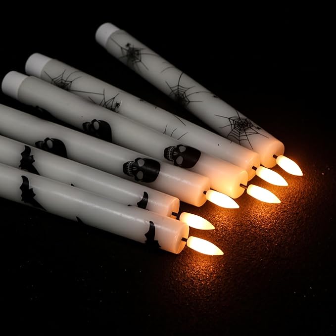 GenSwin Flameless Taper Candles with Remote Timer, 6Pcs LED Flickering Taper Candles Battery Operated Real Wax with Spider Webs/Skull/Bats Decals for Halloween Spooky Decoration (White, 0.78”x9.65”)-HomvellaHome