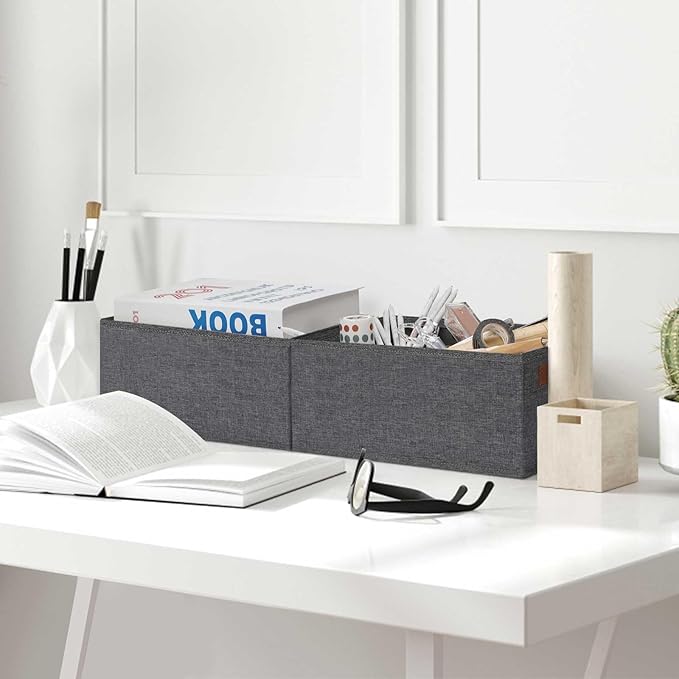 GhvyenntteS Small Fabric Storage Bins 6 Pack, 11.8" x 7.87" x 5.11" Storage Basket with Leather Handles, Closet Storage Bins for Shelves, Storage Baskets for Shelves, DVD Storage (Grey)-HomvellaHome