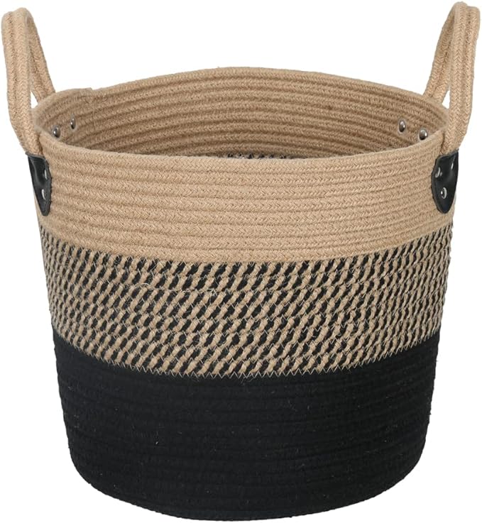 14"x12" Natural Jute Rope Woven Storage Basket with Handles for Plant, Blankets,Toys - Living Room Home Decor,Multifunctional Basket for Organizer,Picnic,Artificial Tree Black and Beige-HomvellaHome