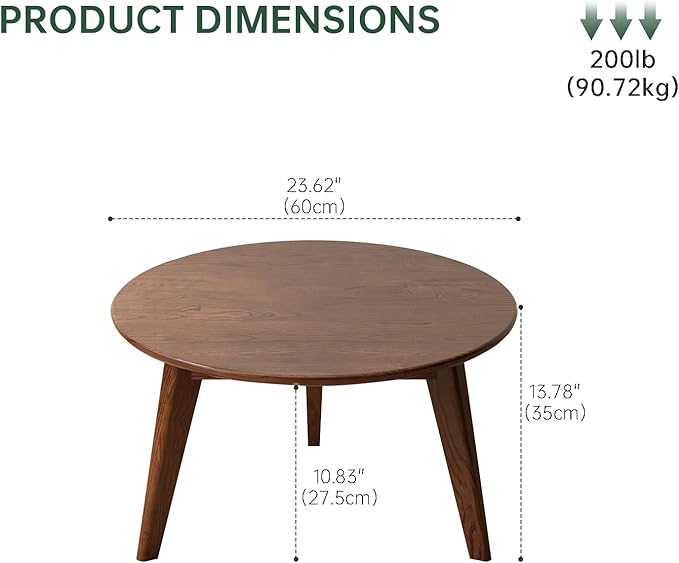 100% Solid Oak Wood Mini Coffee Table, Round Living Room Table Side Table w/Solid Wood Legs, Walnut Mid Century Sturdy Tables for Bedroom Balcony Living Room (23.62" D x 13.78" H)-HomvellaHome