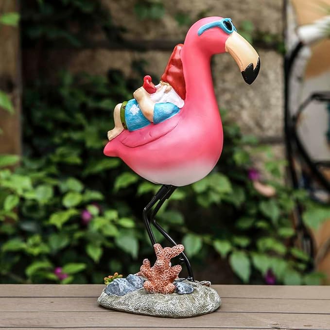 Gnome Garden Statue Funny Gnome Reclining on Flamingo Dwarf Figurines Resin Garden Gnomes Fall Decorations Outdoor for Patio Yard Lawn Porch Housewarming Ornament Gift-HomvellaHome