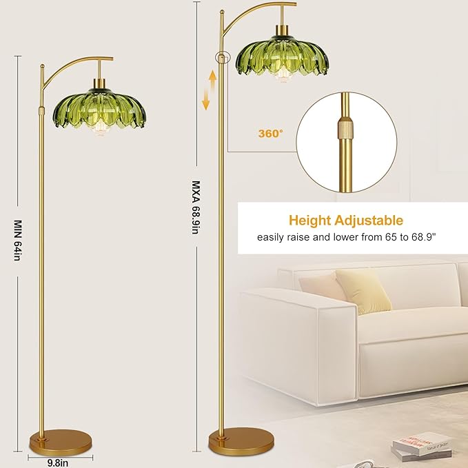 Gold Floor Lamps for Living Room Glass Vintage Floor Lamp with Remote Control,Dimmable Mid Century Modern Standing Lamp with 3 Color Temperature Tall Flower Lamp Brass Floor lamp for Bedroom Corner-HomvellaHome