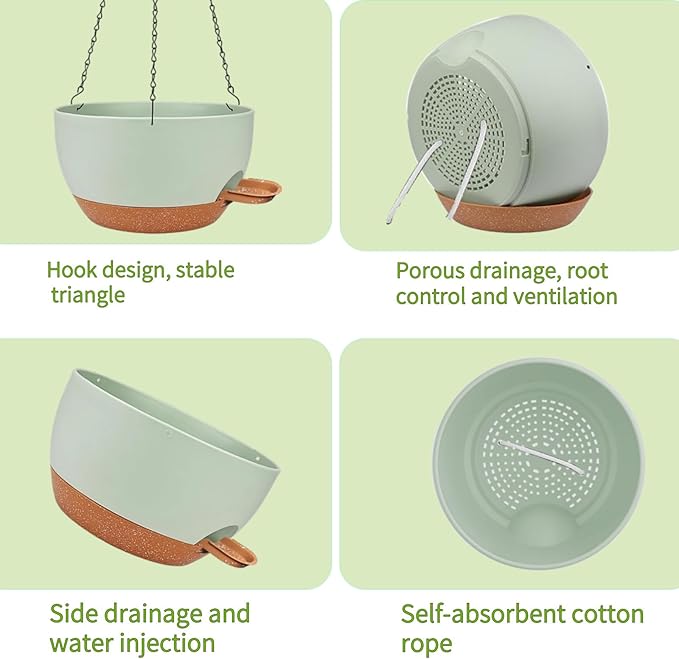 2 Pack Hanging Planters for Indoor Outdoor Plants, 12 Inch Self Watering Hanging Pot with Drainage Holes and Saucer, Plastic Plant Pots, Green Brown Flower Pots for Kitchen, Balcony, Garden-HomvellaHome